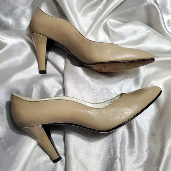 Vintage YSL beige tan thick high heel leather pumps SZ 5.5 - Picture 3 of 5